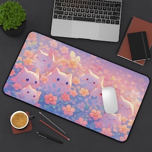 Anime Pastel Desk Mat, Cute Kawaii Anime Cats with Flowers, Pastel Office Decor, Mouse Pad, Desk Accessory, Desk Blotter, Computer Mat