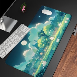 Kawaii Cat Village Desk Mat, Cute Green Mouse Pad, Cute Gaming Mousepad, Cartoon Mouse Pad, Computer Keyboard Accessories, Desk Decor