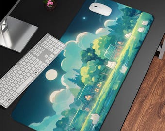 Tappetino da scrivania Kawaii Cat Village, grazioso tappetino per mouse verde, grazioso tappetino per mouse da gioco, tappetino per mouse a forma di cartone animato, accessori per tastiera del computer, decorazioni per scrivania