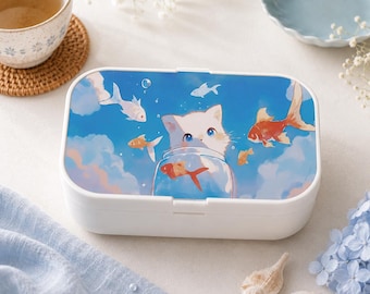 Kawaii Cat & Goldfish Bento Box, Cute Pastel Lunch Box with Sky Design, Adorable Anime Cat Food Container, Cozy Aesthetic Gift for Cat Lover
