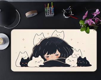 Podkładka pod mysz do gier Kawaii z kotami i dziewczyną z anime