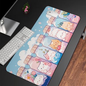Kawaii Pastel Blue Desk Mat, Cute Cat Large Mouse Pad, Cute Kawaii, Cat Lover Gifts, Mat Desk Pad for Work Game Office Home, Cute Desk Decor
