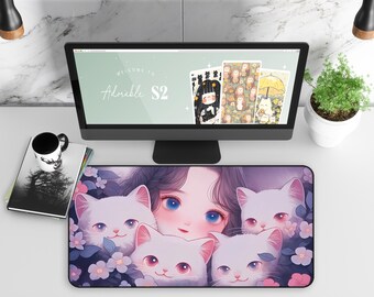 Anime Girl Cats Desk Mat, Kawaii Gaming Mouse Pad, Office Decor, Neoprene (3 Sizes)