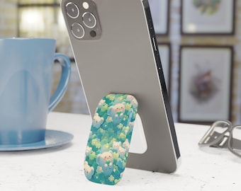 Kawaii Bear Phone Grip: Green Plants Design - Adorable Phone Stand