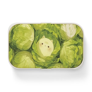 Kawaii Cat Bento Lunch Box, Cute Japanese Lunch Container, Green Cabbage Design, Food Storage Container, Meal Prep Box, Eco-Friendly
