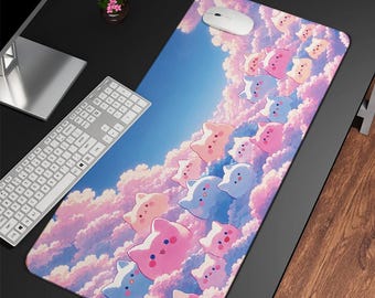 Desk Mat, Kawaii Anime Cats Pink Blue Clouds, Mouse Pad, Office Desk Accessory, Cute Desk Decor, Desk Organizer, Gaming Desk Mat