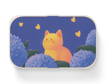 Bento Lunch Box, Kawaii Orange Cat with Blue Hydrangeas Design, Cute Japanese Food Container, Eco-Friendly Meal Prep Kit, Unique Lunchtime