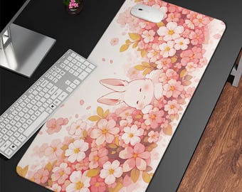 Kawaii Bunny Desk Mat, Cute Anime Bunny Rabbit with Cherry Blossoms, Cute Large Mouse Pad, Desk Mat Aesthetic, Cute Desk Office Decor