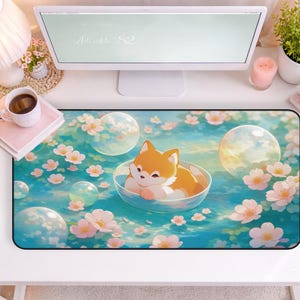 Kawaii Fox Sakura Desk Mat, Cute Floating Fox Mouse Pad, Pastel Spring Floral Desk Pad, Cozy Anime Aesthetic Desk Decor, Gift for Fox Lovers image 2