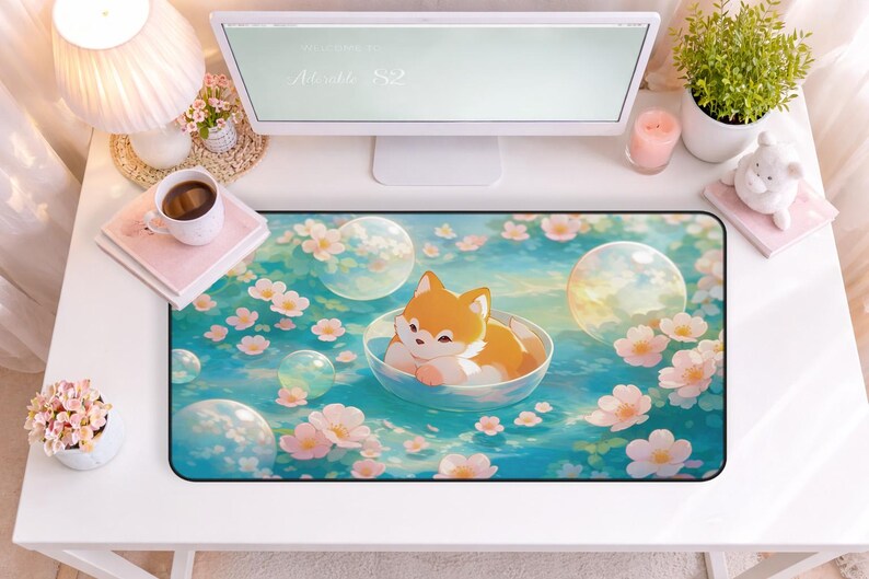 Kawaii Fox Sakura Desk Mat, Cute Floating Fox Mouse Pad, Pastel Spring Floral Desk Pad, Cozy Anime Aesthetic Desk Decor, Gift for Fox Lovers image 2