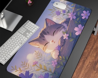 Tapis de bureau pour dormir chat anime, tapis de bureau violet chat mignon, accessoires de bureau pour fille, tapis de bureau kawaii, esthétique tapis de bureau gaming, tapis pour clavier