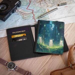 Custodia per passaporto Kawaii Bear Forest, grazioso portafoglio da viaggio fosforescente, portapassaporto con tema anime Woodland Adventure, regalo per viaggiatori