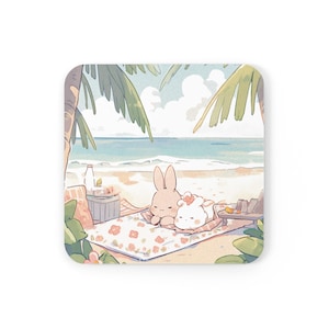 Coasters Bunny Animal Anime Cute Kawaii Cork Back Coasters - Gift for Animal Lovers, Housewarming, Easter Bunny Decor, Coffee