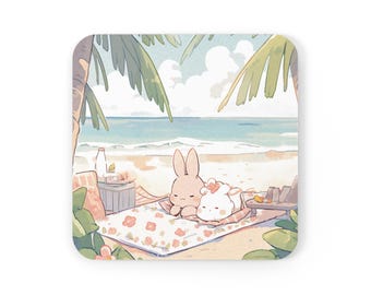 Coasters Bunny Animal Anime Cute Kawaii Cork Back Coasters - Gift for Animal Lovers, Housewarming, Easter Bunny Decor, Coffee