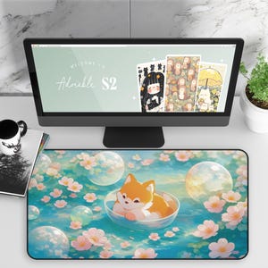 Kawaii Fox Sakura Desk Mat, Cute Floating Fox Mouse Pad, Pastel Spring Floral Desk Pad, Cozy Anime Aesthetic Desk Decor, Gift for Fox Lovers image 1