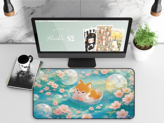 Kawaii Fox Sakura Desk Mat, Cute Floating Fox Mouse Pad, Pastel Spring Floral Desk Pad, Cozy Anime Aesthetic Desk Decor, Gift for Fox Lovers
