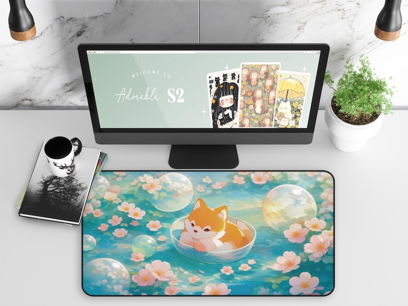Kawaii Fox Sakura Desk Mat, Cute Floating Fox Mouse Pad, Pastel Spring Floral Desk Pad, Cozy Anime Aesthetic Desk Decor, Gift for Fox Lovers image 1