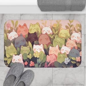 Kawaii Cats with Plants Bath Mat, Cute Animal Bathroom Decor, Cat Lover Gift, Non-Slip Rug, Kitty Plant Lover Decoration