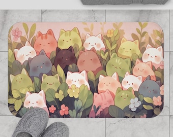 Tapis de bain chats kawaii avec plantes, décoration de salle de bain avec animaux mignons, cadeau pour amoureux des chats, tapis antidérapant, décoration pour amoureux des plantes chaton