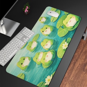Kawaii Frogs Desk Mat, Desk Mat Aesthetic, Green Pastel Color Mouse Pad, Gamer Girl Desk Accessories, Cute Kawaii Desk Office Decor