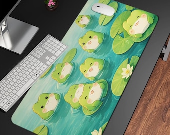 Alfombrilla de escritorio Kawaii con diseño de ranas, alfombrilla de escritorio estética, alfombrilla de ratón verde pastel, accesorios de escritorio para chicas gamers, decoración de oficina Kawaii adorable