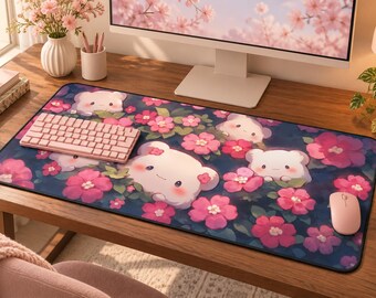 Kawaii Bear Desk Mat, Cute Pink Flowers Large Gaming Mouse Pad, Aesthetic Office Desk Pad, Cute Desk Accessory for Work from Home