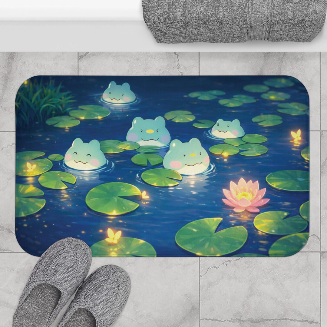 Kawaii Frog Bath Mat, Cute Lily Pad Bathroom Rug, Glowing Night Pond ...