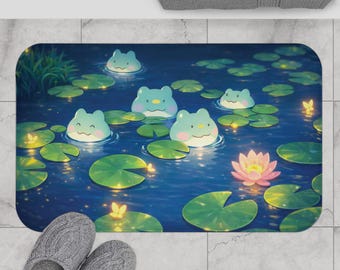 Dywanik łazienkowy Kawaii Frog, uroczy dywanik łazienkowy z lilią wodną, świecąca dekoracja stawu nocą, pastelowa mata z żabą w stylu anime, przytulny, estetyczny prezent do łazienki