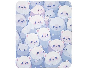 Uroczy kocyk Sherpa Kawaii, Kawaii Anime z niedźwiedziami polarnymi, miękki i przytulny pled, prezent na zimę, śliczna pościel, wystrój pokoju dziecięcego
