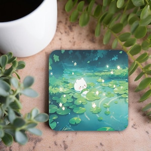 Kawaii Anime Animal Square Coaster, Green Pond Theme Drink Coasters, Mystic Forest Decor, Cute Home Accessories, Cute Desk Office Decor,