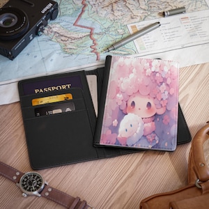 Capa para passaporte kawaii, porta-passaporte fofo em formato de menina rosa pastel, capa de identidade kawaii, acessório de viagem, carteira organizadora para viagem