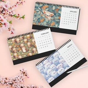 Kawaii Anime Animals Desk Calendar, Cute Animal Patterns, Cute Home Office Decor, Desktop Grid Calendar 2024, Kawaii Calendar