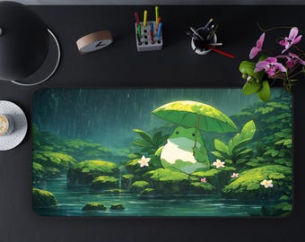 Anime Landscape Desk Mat, Cozy Gamer Decor, Kawaii Frog in Mystic Forest, Cute Office Accessories,  Cute Kawaii Frogs Desk Mat Gaming