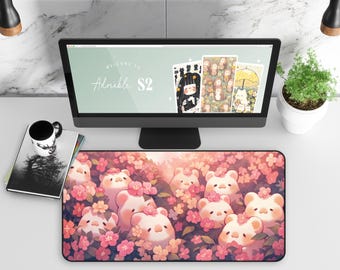 Anime Bear Desk Mat: Kawaii Camellia Floral Mouse Pad