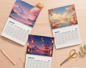 Calendario de pared Kawaii Anime Landscape 2026, 4 estaciones, decoración linda para el hogar y la oficina, Calendario de pared Kawaii (2026)