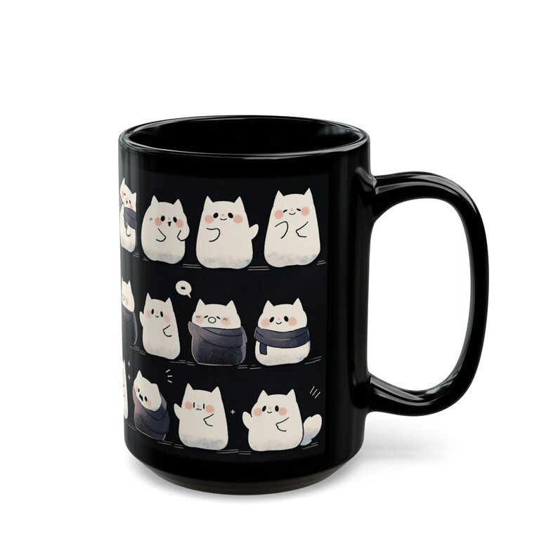 Cute Cat Mug 15oz, Cute Kawaii Cat Black Mug, Cute Cat Pattern Mug, Cat Mug, Cute Desk Decor, Kawaii Cat Mug Gifts, Kawaii Office Decor image 6