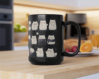 Taza de gato de 433 ml, taza negra con diseño de gato kawaii, taza con diseño de gato, decoración de escritorio, regalo de taza de gato kawaii, decoración de oficina kawaii