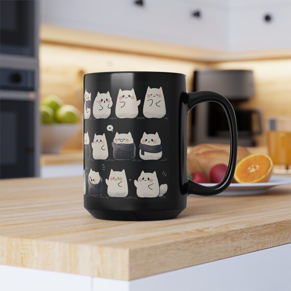 Cute Cat Mug 15oz, Cute Kawaii Cat Black Mug, Cute Cat Pattern Mug, Cat Mug, Cute Desk Decor, Kawaii Cat Mug Gifts, Kawaii Office Decor