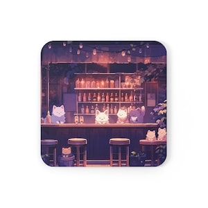 Cute Cat Coaster, Kawaii Cats Chilling at Bar, Cute Desk Decor, Kawaii Desk Accessories, Cute Drink Coasters