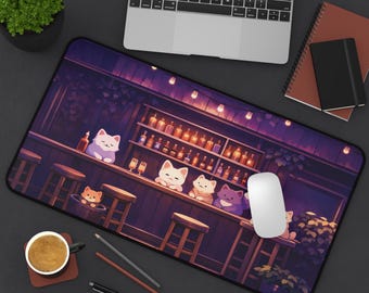 Kawaii Gaming Desk Mat, Cute Kawaii Anime Cats Chilling at Bar, Cute Desk Decor, Cute Cats Desk Mat, Computer Keyboard Office Accessories
