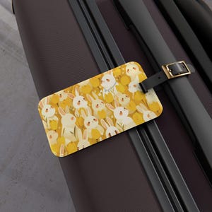 Kawaii Bunny Luggage Tag, Cute Yellow Tulip Travel Bag Identifier, Suitcase Name Tag, Adorable Backpack Accessory