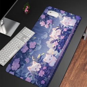 Kawaii Lofi Desk Mat, Kawaii Cats in the Rain Mousepad, Kawaii Purple Desk Mat, Gaming Mouse Pad Deskpad, Cute Desk Mat, Cute Gaming Setup