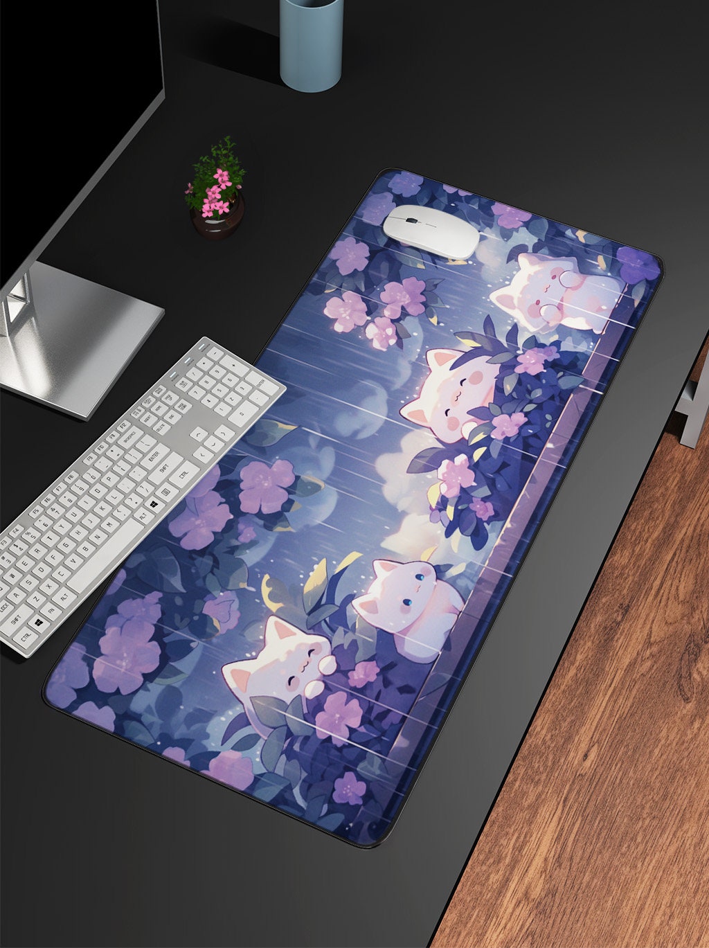 Kawaii Lofi Desk Mat, Kawaii Cats in the Rain Mousepad, Kawaii Purple Desk Mat, Gaming Mouse Pad Deskpad, Cute Desk Mat, Cute Gaming Setup