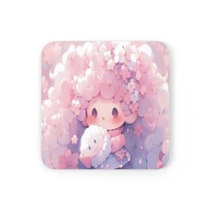 Kawaii Anime Pink Girl Cork Back Coasters, Drink Coaster, Housewarming Gift, Cute Coffee Coasters, Table Decoration