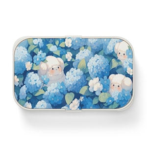 Cute Bento Lunch Box, Japanese Lunch Container with Kawaii Sheep and Blue Hydrangeas, Eco-Friendly Meal Prep Box, Kids School Food Storage