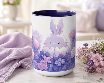 Cute Kawaii Bunny Mug 15oz, Cute Mugs Aesthetic, Bunny with Flowers, Kawaii Animal Patterns Mugs, Mug with Bunny Print, Cute Desk Decor