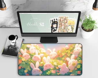 Kawaii Anime Bunny Desk Mat: Floral Gaming Mouse Pad