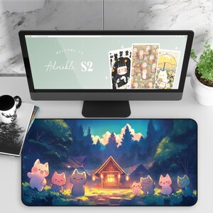 Cat Desk Mat, Cute Cat Desk Mat, Kawaii Night Cats Village, Office Desk Accessory, Cat Lover Gift, Mouse Pad, Work From Home Decor