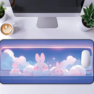 Kawaii Aesthetic Desk Mat, Bunny Mouse Pad, Kawaii Desk Accessory, Cute Anime Gaming Mat, Pastel Pink Rabbit Work Desk Decor