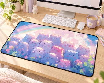 Kawaii Rainbow Bears Desk Mat, Neoprene Mouse Pad, Office Gaming Accessory